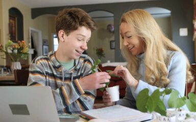 Mom and son talking